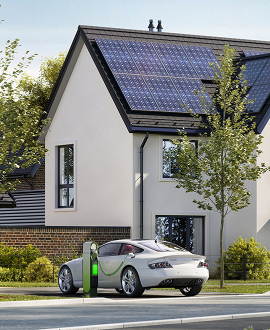 Vehicle Charging station at customers house powered by a solar roof installation