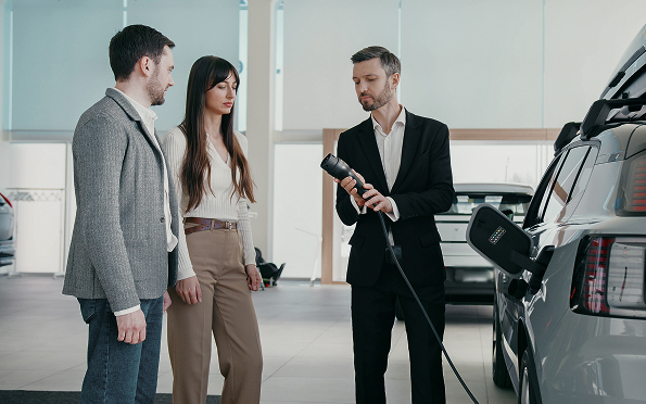 Dealer salesman offering options for ev charging for customers
